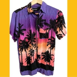 REASON Brand Miami Vibes Palm Sunset Shirt Mens S Purple Tropical